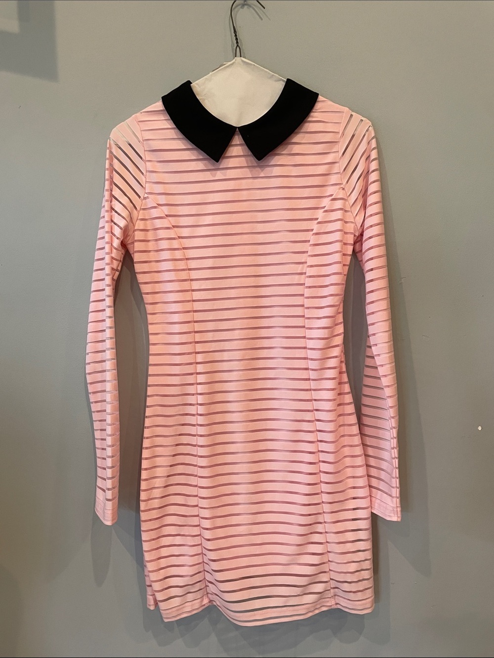Pink Striped Long Sleeve Dress with Black Peter Pan Collar small like new